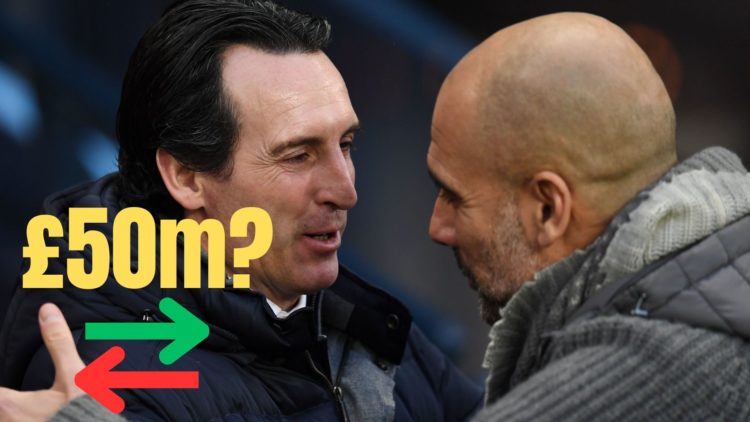 Manchester City's Spanish manager Pep Guardiola (R) greets Arsenal's Spanish head coach Unai Emery before the English Premier League football match...
