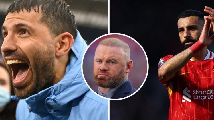 Split Image of Sergio Aguero and Mohamed Salah of Liverpool with inset of Pundit Wayne Rooney