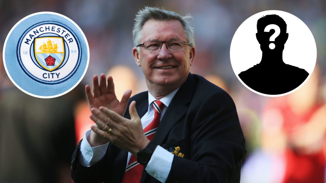 Manchester United manager Sir Alex Ferguson applauds the crowd and insets of A detailed view of the badge of Manchester City FC and mystery player