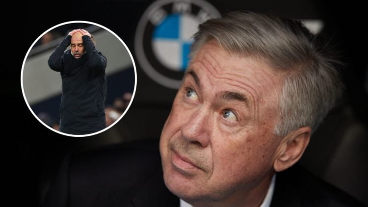 Manager Carlo Ancelotti of Real Madrid CF. Inset Pep Guardiola manager of Manchester City during the Premier League match between Tottenham Hotspur...