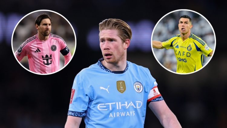 Kevin De Bruyne of Manchester City during the Emirates FA Cup Fifth Round match between Manchester City and Plymouth Argyle. Inset Lionel Messi #10...