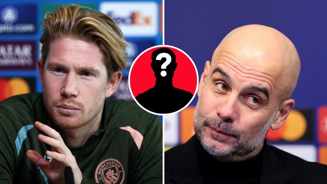 Split Image of Manchester City's Belgian midfielder #17 Kevin De Bruyne attends a press conference and Manchester City manager Pep Guardiola is int...