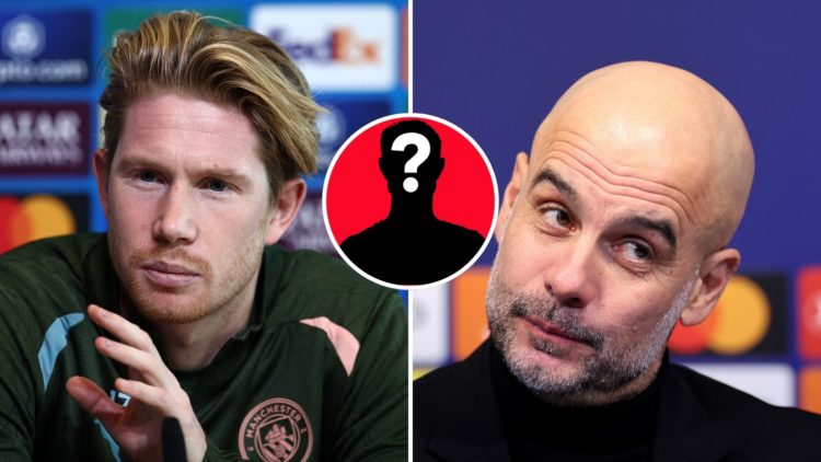 Split Image of Manchester City's Belgian midfielder #17 Kevin De Bruyne attends a press conference and Manchester City manager Pep Guardiola is int...