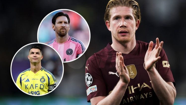 Kevin De Bruyne of Manchester City FC gestures and insets of Lionel Messi #10 of Inter Miami CF looks on prior and Cristiano Ronaldo of Al Nassr lo...