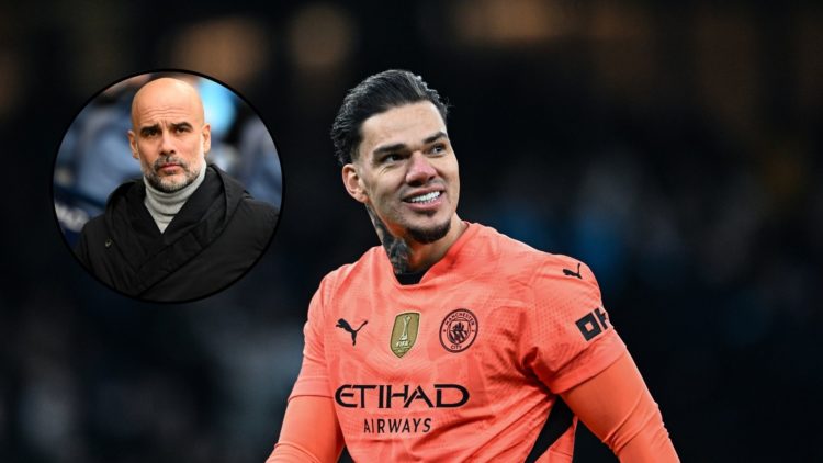 Manchester City goalkeeper Ederson, main image. Manchester City manager head coach Pep Guardiola, inset.