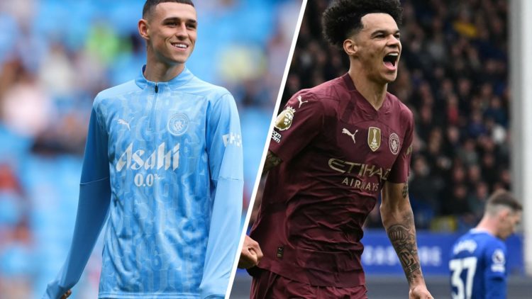 Split Image of Phil Foden of Manchester City during the Premier League and Manchester City's English midfielder #75 Nico O'Reilly celebrates