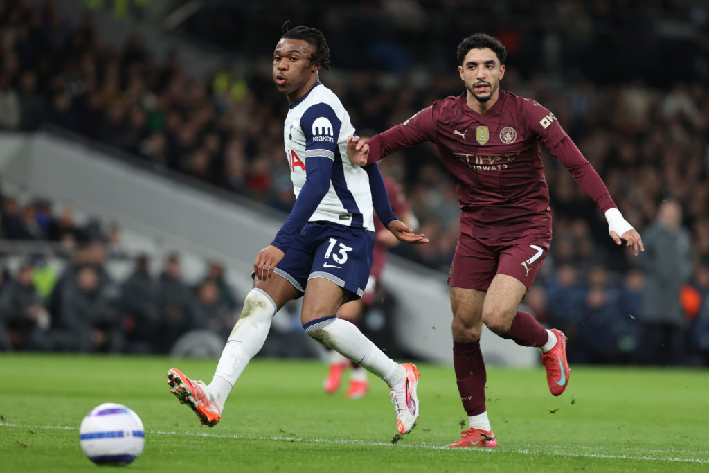 Destiny Udogie of Tottenham Hotspur and Omar Marmoush of Manchester City during the Premier League match between Tottenham Hotspur FC and Manchester City FC at Tottenham Hotspur Stadium on February 26, 2025