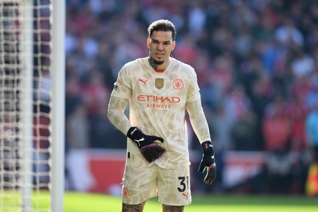 Ederson of Manchester City participates in the Premier League match between Nottingham Forest and Manchester City at the City Ground in Nottingham, England, on March 8, 2025