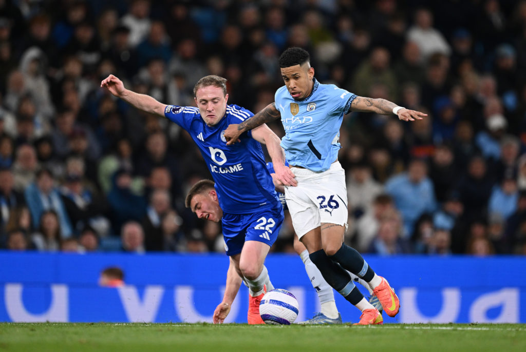 Savinho contesting with Oliver Skipp during Manchester City vs Leicester City