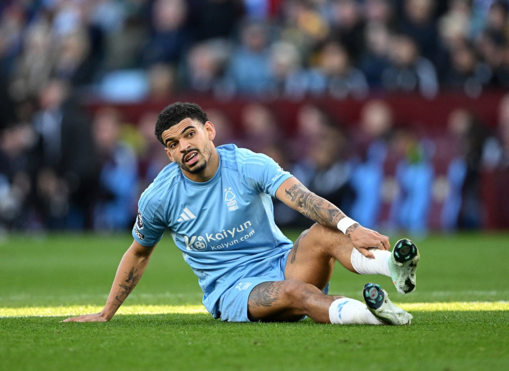 Morgan Gibbs-White on the floor during Aston Villa v Nottingham Forest.