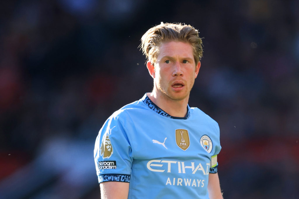 Kevin De Bruyne in action during Manchester United vs Manchester City