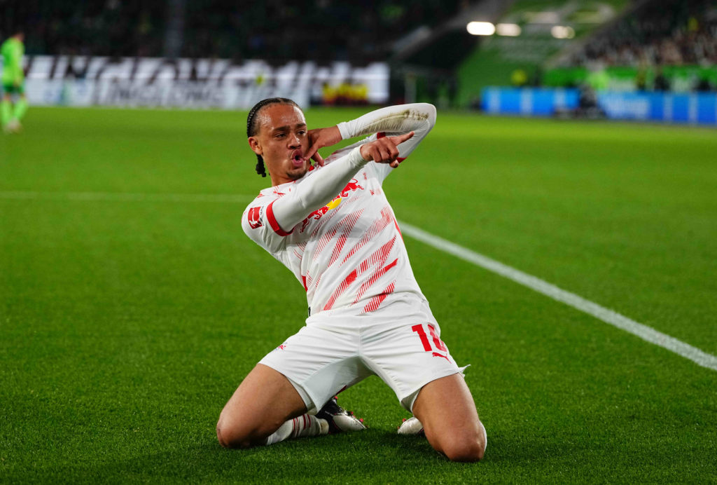 Xavi Simons reacts after scoring for RB Leipzig vs VfL Wolfsburg