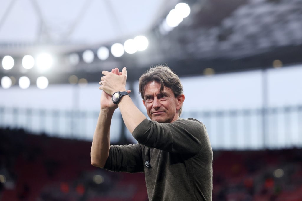 Brentford Manager, Thomas Frank during the Premier League match between Arsenal FC and Brentford FC at Emirates Stadium on April 12, 2025