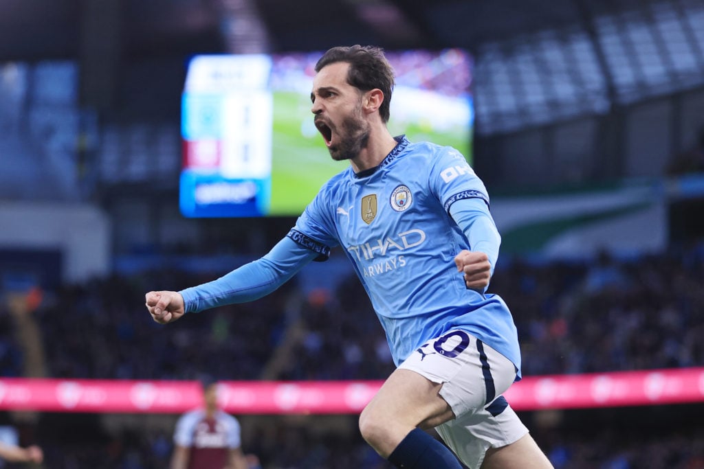 Bernardo Silva celebrates a goal for Manchester City v Aston Villa.