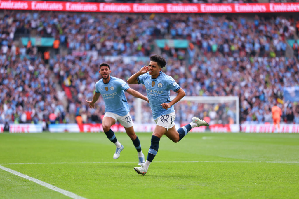 Rico Lewis of Manchester City celebrates scoring the opening goal during the Emirates FA Cup Semi Final match between Nottingham Forest and Manchester City at Wembley Stadium on April 27, 2025