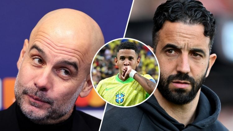 Manchester City manager Pep Guardiola and Ruben Amorim, Manager of Manchester United with inset of Brazil's forward #20 Savinho