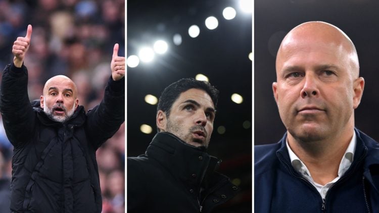 Manchester City manager Pep Guardiola, left. Arsenal manager Mikel Arteta, centre. Liverpool manager Arne Slot, right.