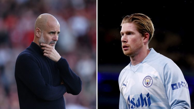 Split Image: Kevin De Bruyne of Manchester City looks on as he warms up prior to the Premier League match between Manchester City and Burnley FC at...