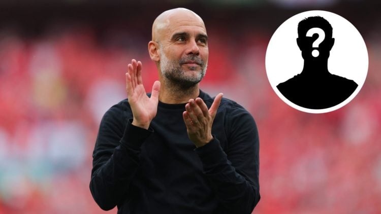 Pep Guardiola, Manager of Manchester City with inset of mystery player