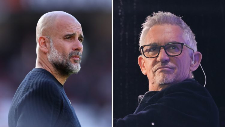 Split image: Josep 'Pep' Guardiola, manager of Manchester City, looks on prior to the Premier League match between Manchester United FC and Manches...