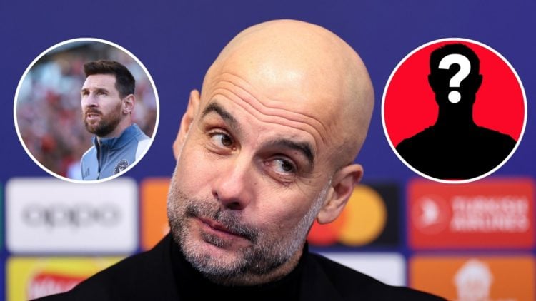 Manchester City manager Pep Guardiola is interviewed post match and inset of Lionel Messi #10 of Inter Miami CF warms up and mystery player
