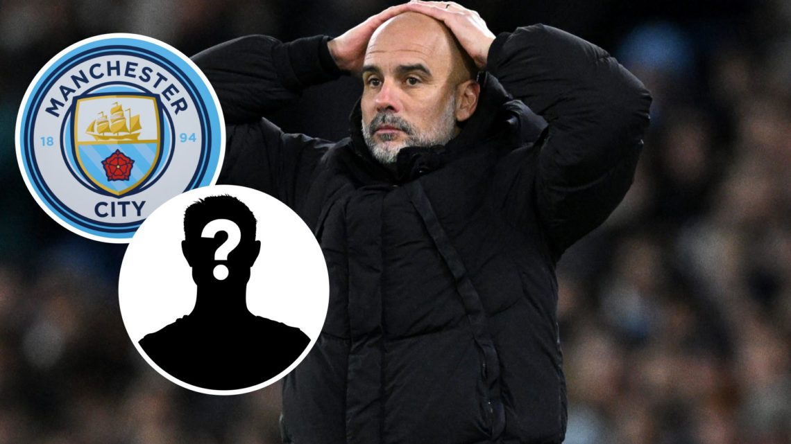 Pep Guardiola, Manager of Manchester City and The club badge of Manchester City with inset of mystery player