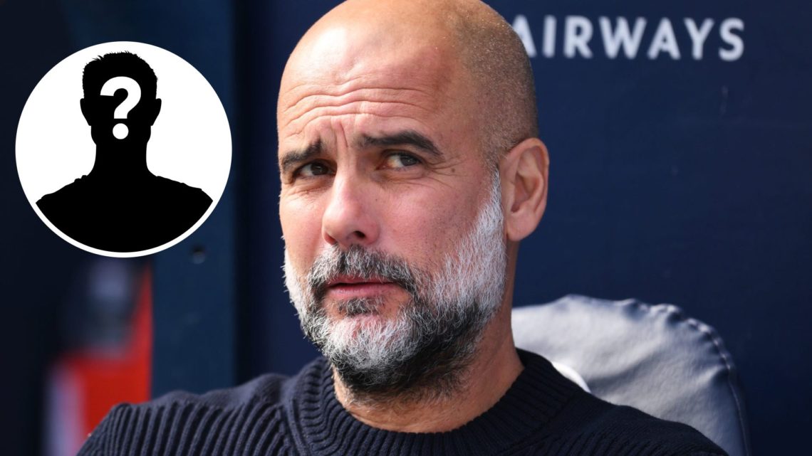 Pep Guardiola, Manager of Manchester City, looks on prior and inset of a mystery player