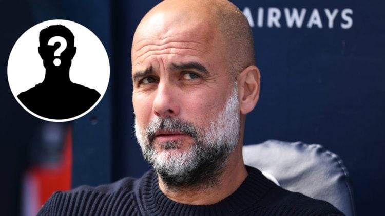 Pep Guardiola, Manager of Manchester City, looks on prior and inset of a mystery player