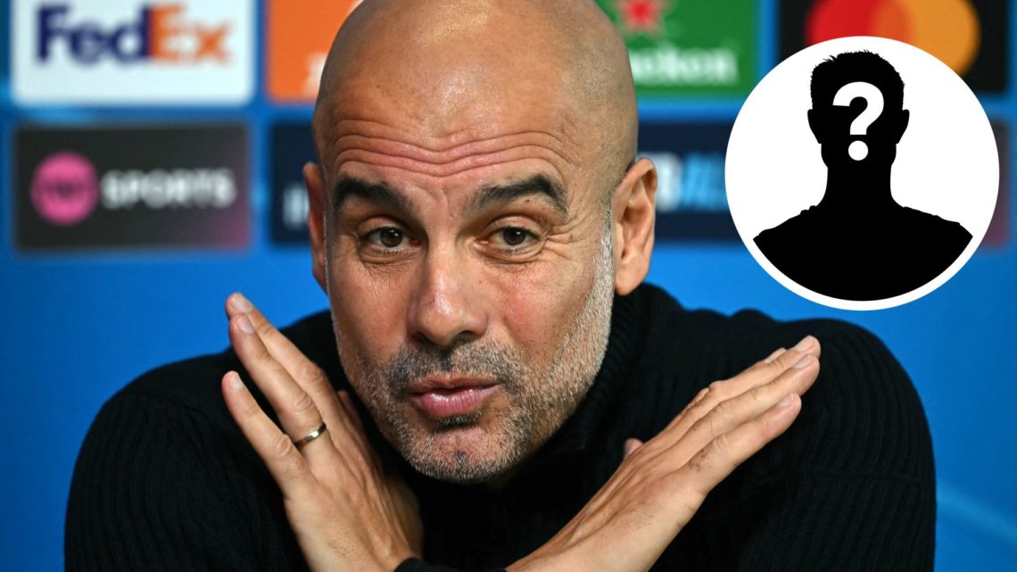 Manchester City's Spanish manager Pep Guardiola attends a press conference with an inset of a mystery player