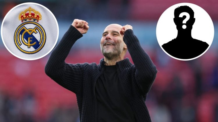 Pep Guardiola with insets of The Real Madrid club crest and mystery player