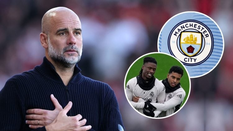 Pep Guardiola Manager / Head Coach of Manchester City during the Emirates FA Cup Quarter Final match. Inset, Rodrygo and Eduardo Camavinga, and the...