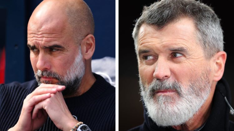 Split Image of Pep Guardiola manager of Manchester City and Roy Keane