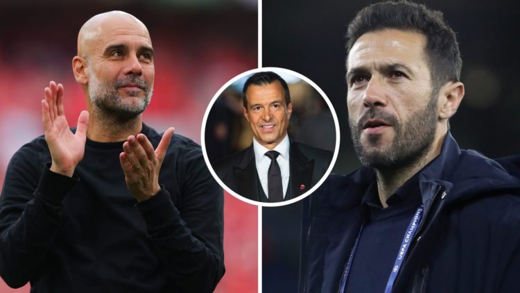 Split Image of Pep Guardiola and Hugo Viana, Director of Football with inset of Portuguese football agent Jorge Mendes