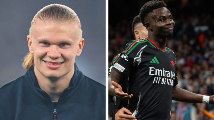 Split Image of Erling Haaland of Manchester City smiles and Bukayo Saka of Arsenal celebrates scoring his team's first goal