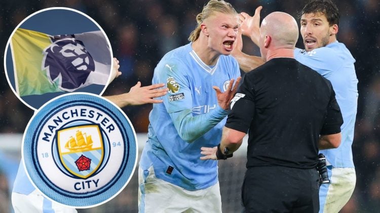 Referee Simon Hooper is surrounded by Erling Haaland A detailed view of the Premier League badge seen on a flag