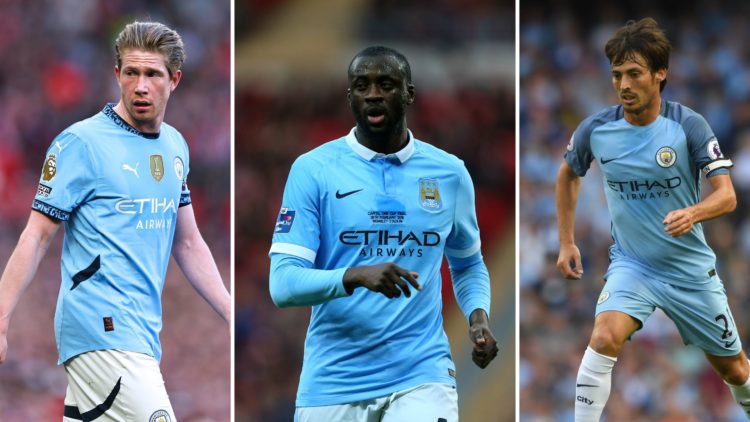 Split image of Kevin De Bruyne of Manchester City, Yaya Toure of Manchester City, and Manchester City player David Silva.