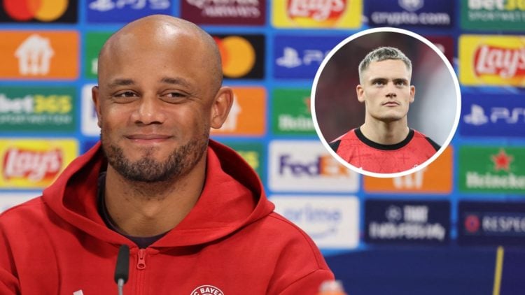 Bayern Munich's Belgian head coach Vincent Kompany. Inset Florian Wirtz of Bayer 04 Leverkusen.