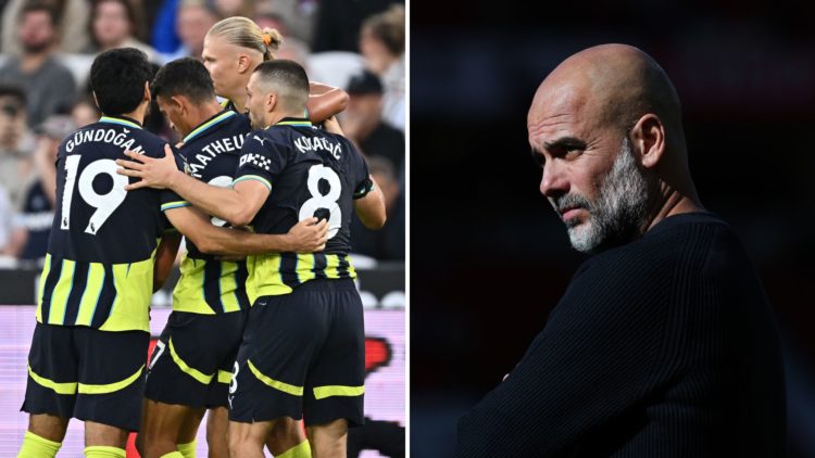 Split image: Erling Haaland of Manchester City celebrate with Ilkay Gundogan, Matheus Nunes, Mateo Kovacic after scoring the third goal during the ...