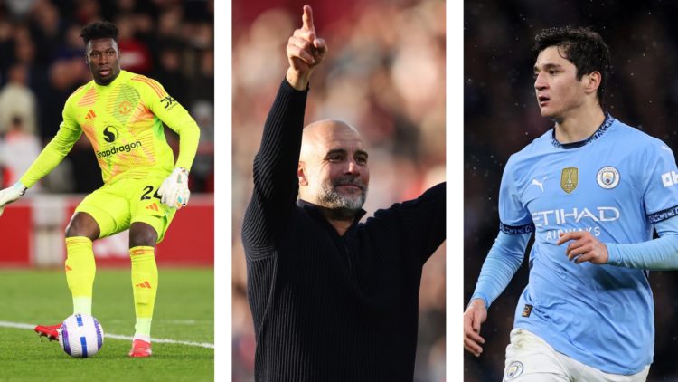 Split image of Andre Onana of Manchester United, Manchester City manager Pep Guardiola, and Abdukodir Khusanov of Manchester City.