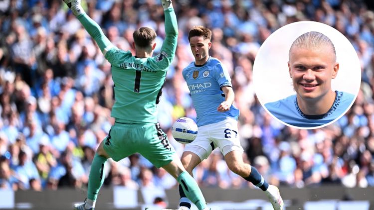 James McAtee of Manchester City goes past Dean Henderson of Crystal Palace and inset of Erling Haaland looks on during the Premier League match