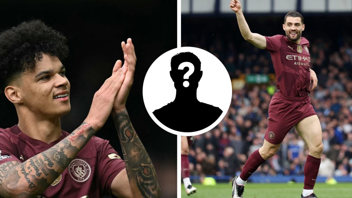 Split Image of Manchester City's English midfielder #75 and Nico O'ReillyMateo Kovacic of Manchester City with inset of mystery player