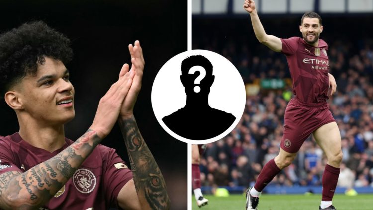 Split Image of Manchester City's English midfielder #75 and Nico O'ReillyMateo Kovacic of Manchester City with inset of mystery player