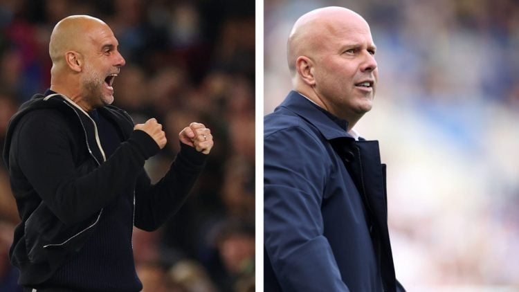 Split Image of Pep Guardiola, Manager of Manchester City and Liverpool Manager Arne Slot