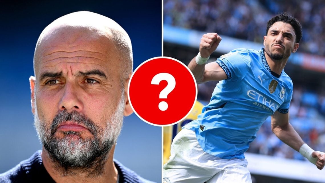 Split Image of Pep Guardiola, Manager of Manchester City, reacts as he is interviewed and Omar Marmoush of Manchester City celebrates and inset of ...