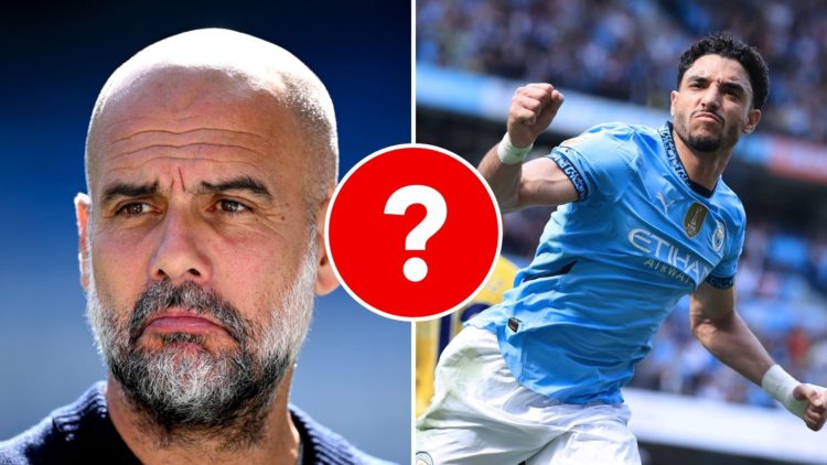 Split Image of Pep Guardiola, Manager of Manchester City, reacts as he is interviewed and Omar Marmoush of Manchester City celebrates and inset of ...