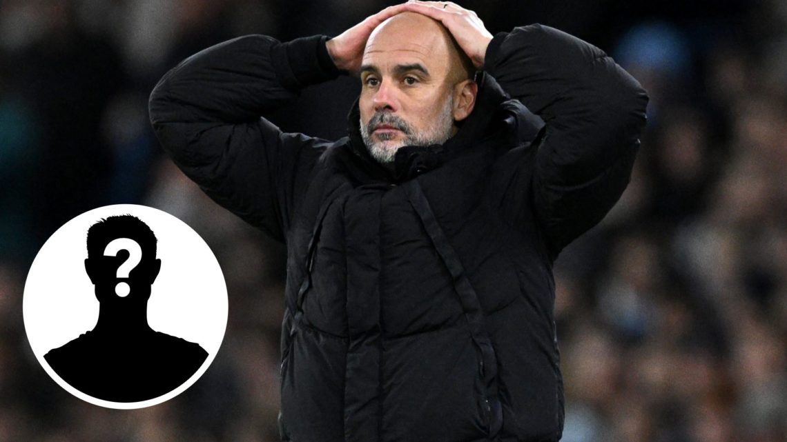 Pep Guardiola, Manager of Manchester City, with inset of mystery player
