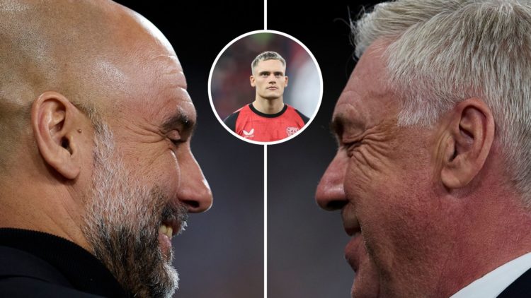 Carlo Ancelotti, head coach of Real Madrid CF salutes Pep Guardiola, head coach of Manchester City. Inset Florian Wirtz of Bayer 04 Leverkusen.