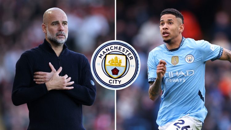 Split image of Pep Guardiola looking on, and Savinho of Manchester City in action. Inset, the badge of Manchester City.