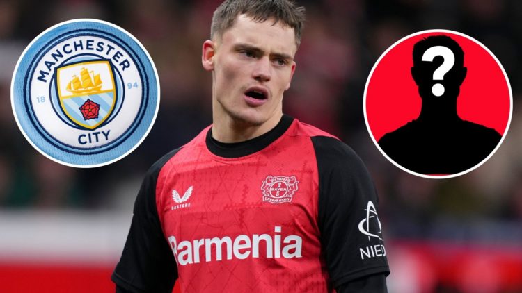 Florian Wirtz of Bayer 04 Leverkusen looks on and insets of mystery player and A detailed view of the badge of Manchester City FC during the UEFA C...