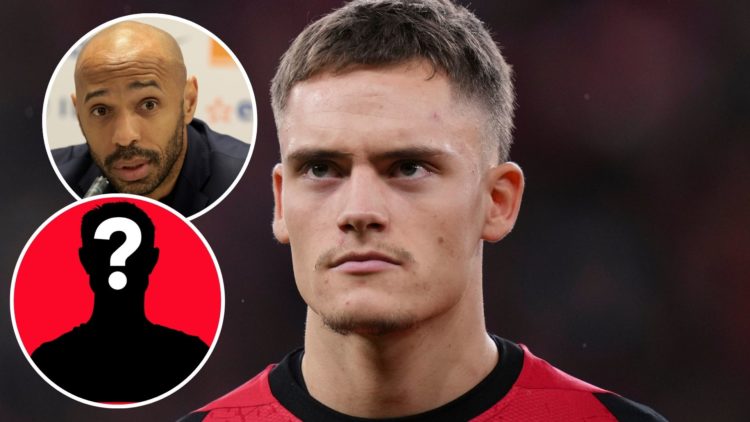 Florian Wirtz of Bayer 04 Leverkusen looks on and insets of Coach of France Thierry Henry speaks to the media and mystery player